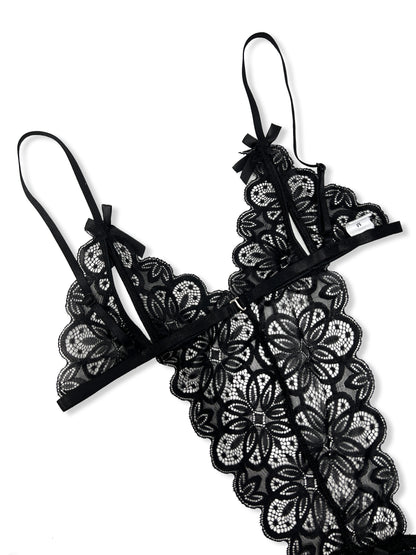 one-piece Seductive Black Lace Teddy with Plunging Cut-Outs and Thong Back - Women's Lingerie for a Sensual Look