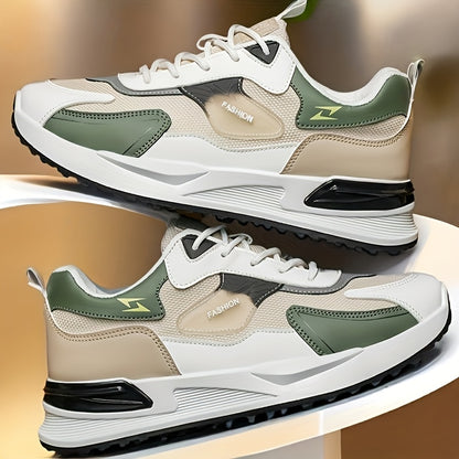 Ténis moderno e robusto para homem - Ténis estilo "dad shoes" em malha respirável com palmilha almofadada, ideal para todas as estações, em verde e bege. Perfeito para caminhadas, corridas e uso diário.