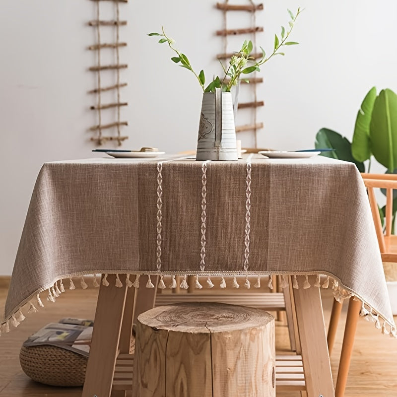 1pc Rustic Tassel Tablecloth - Stain Resistant, Washable, and Perfect for Picnics, Camping, Weddings, Birthday Parties, Thanksgiving, Restaurants, and Buffet - Home Kitchen Decor