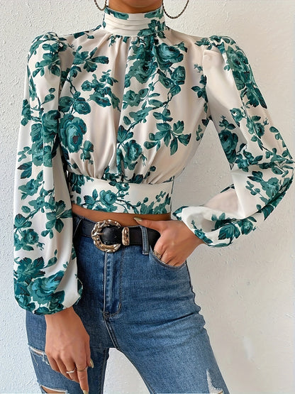 Floral Print Tie Back Crop Blouse, Elegant Lantern Sleeve Cut Out Blouse For Spring & Fall, Women's Clothing
