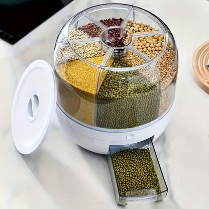 360° rotating partitioned rice bucket, rotatable home-use pest and moisture-proof multi-functional sealed rice storage box, classified grain and bean storage