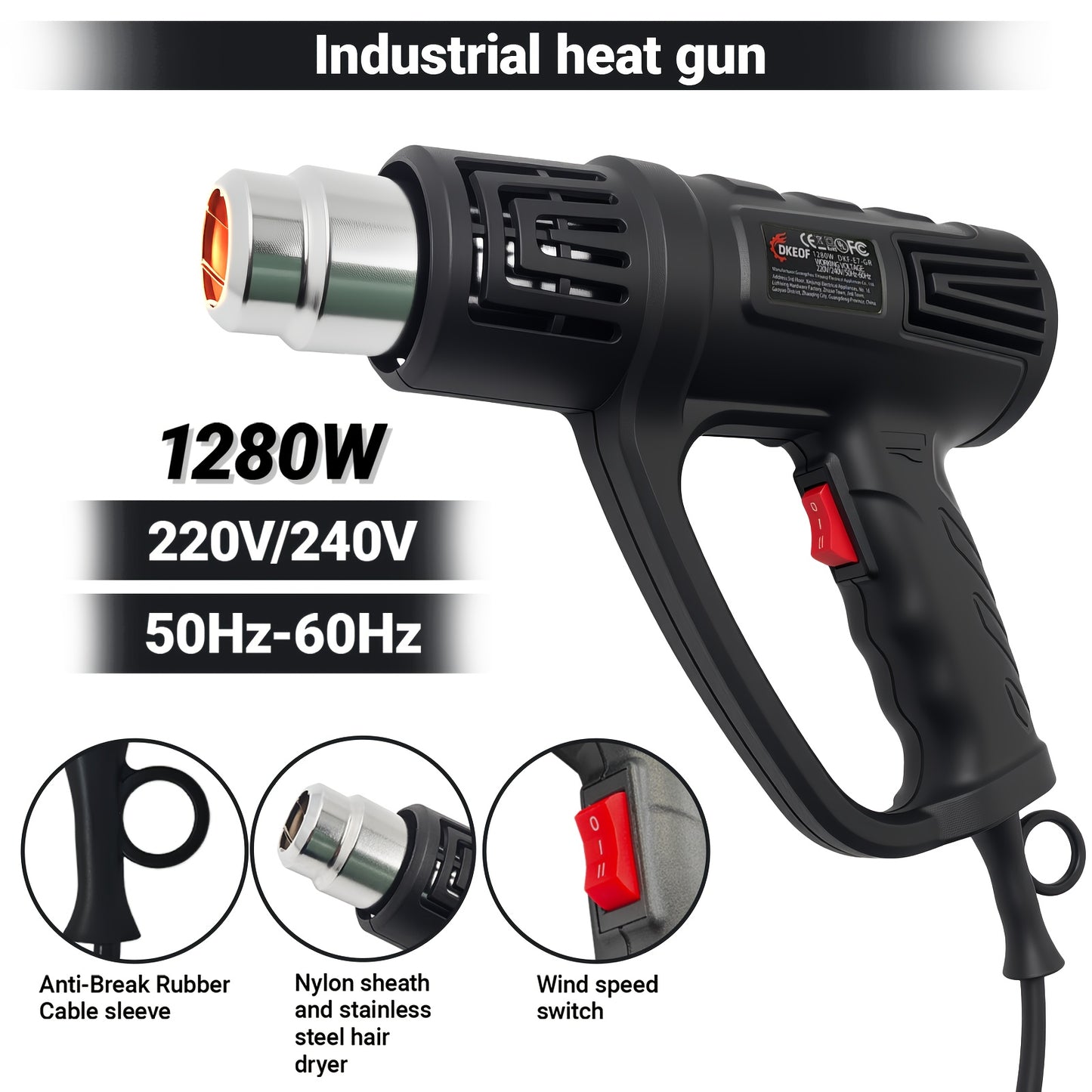 DKEOF 1280W Heavy Duty Heat Gun Kit with Dual-Temperature Settings (302°F/1202°F), Overheat Protection, Fast Heating, Ergonomic Handle & Durable Construction - for Shrinking PVC, Welding