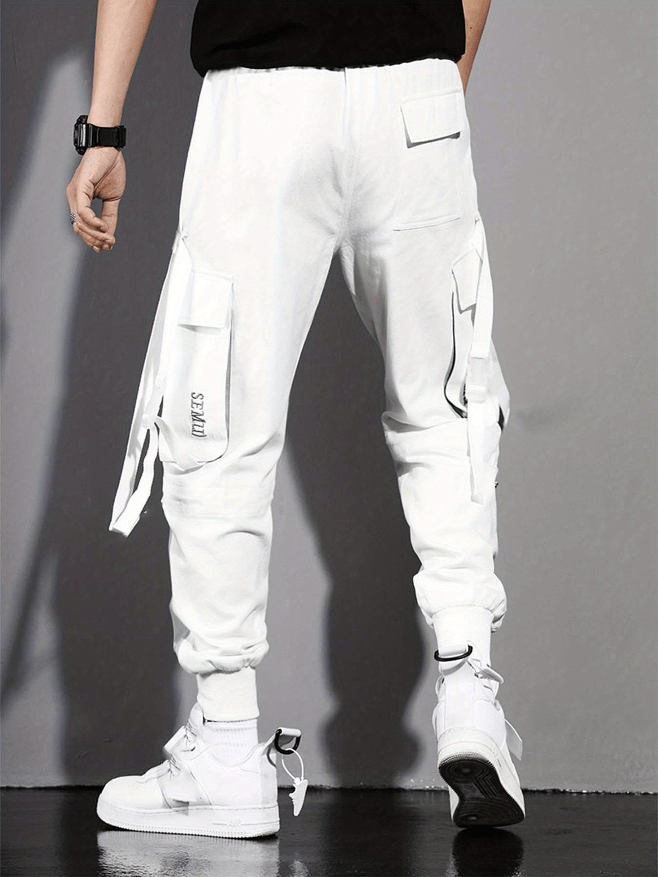 Multi-pocket Ribbon Design, Men's Color Block Cargo, Trendy Comfy Jogger Pants