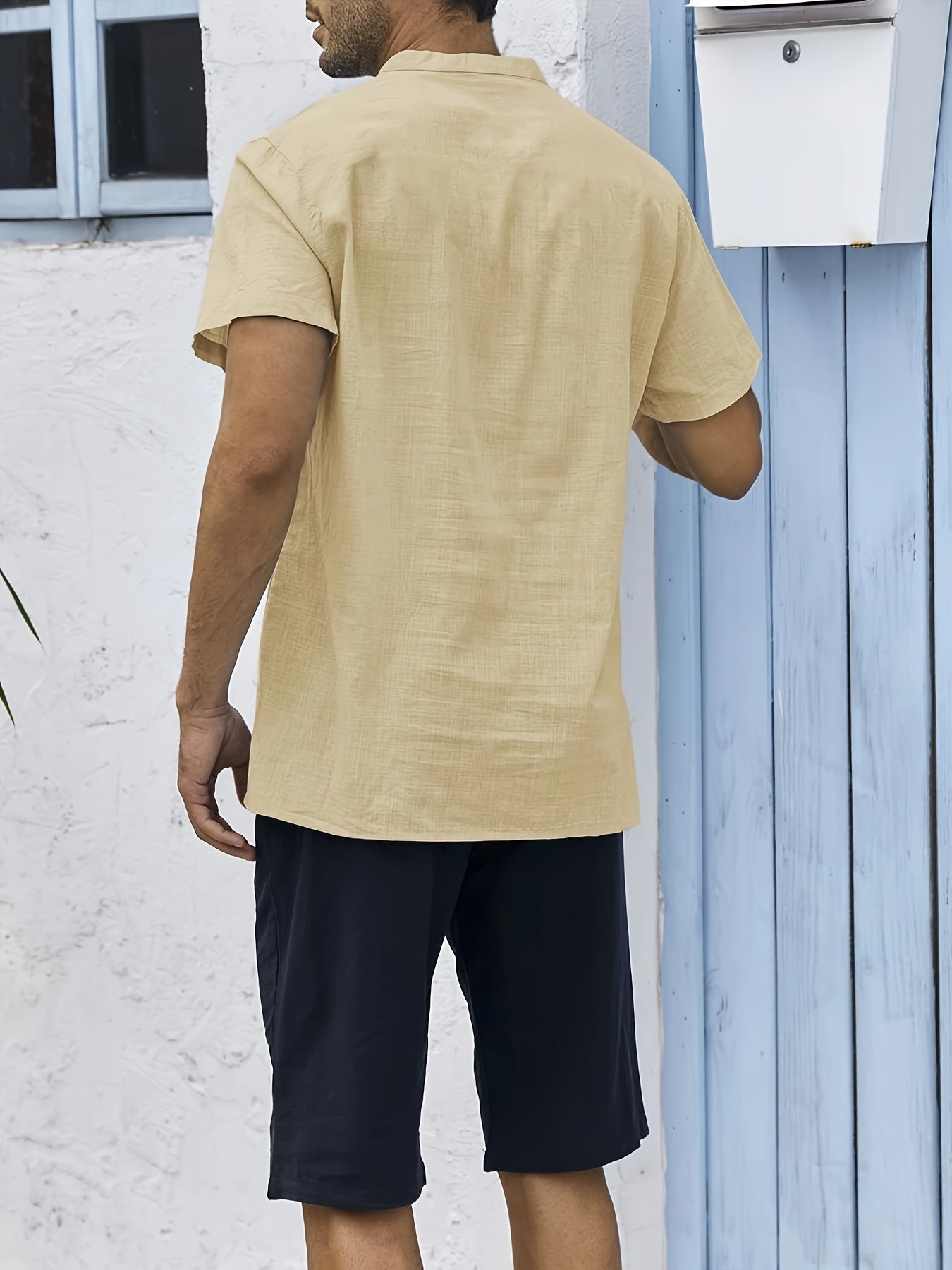 Men's Shirt Top, Solid Band Collar Short Sleeve Closure Summer Male Casual Henley Shirt For Daily Business Formal Shirts For Men