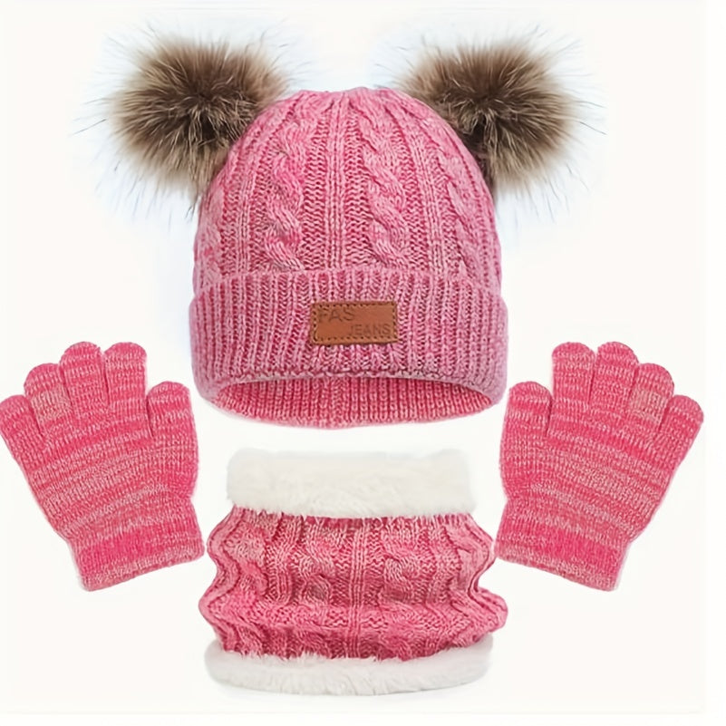 Conjunto de 3 peças para o inverno infantil: cachecol de veludo quente, gorro e luvas de malha para bebé dos 2 aos 8 anos.