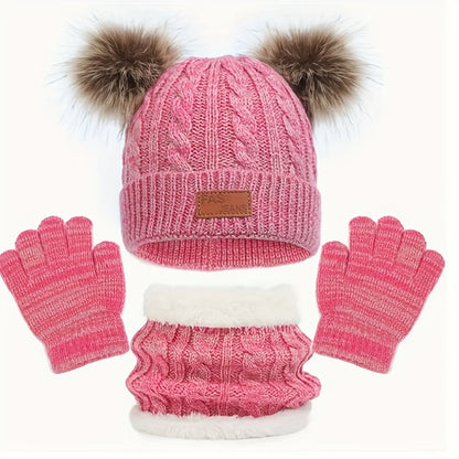 Conjunto de 3 peças para o inverno infantil: cachecol de veludo quente, gorro e luvas de malha para bebé dos 2 aos 8 anos.