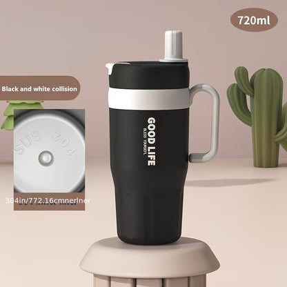 1pc 304 Stainless Steel Double-Walled Handle Tumbler, 720ml Large Capacity Sports Cup with Straw – Portable Outdoor Travel Mug, Essential High-Capacity Water Bottle for Car and Outdoors