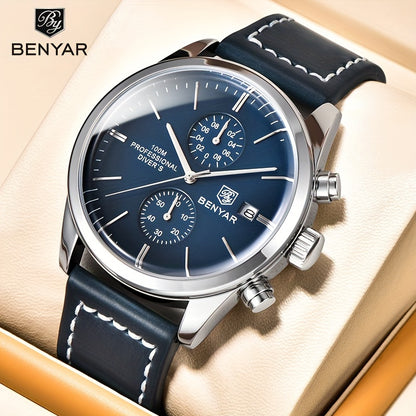 1pc New BENYAR Men's PU Leather Quartz Wristwatch, Men's 100M Multifunctional Watch Military Sports Chronograph Watch For Men