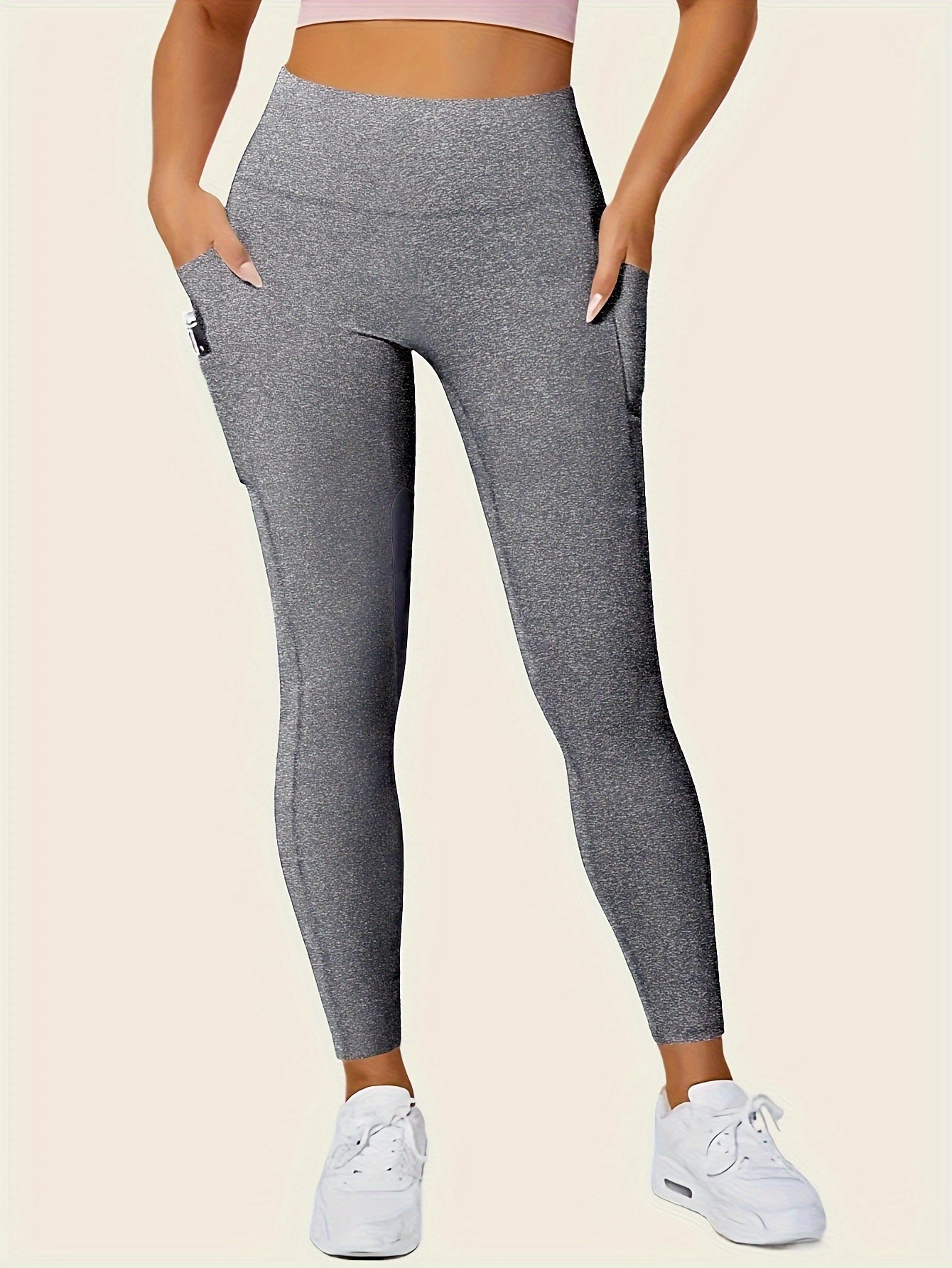 Women'S High-Waisted Shaping Leggings with Double Pockets - Butt-Lifting Design, Maroon Solid Color, Comfortable Stretch Fabric for, & Casual Wear, Leggings, Apparel, Sleek Look, Durable