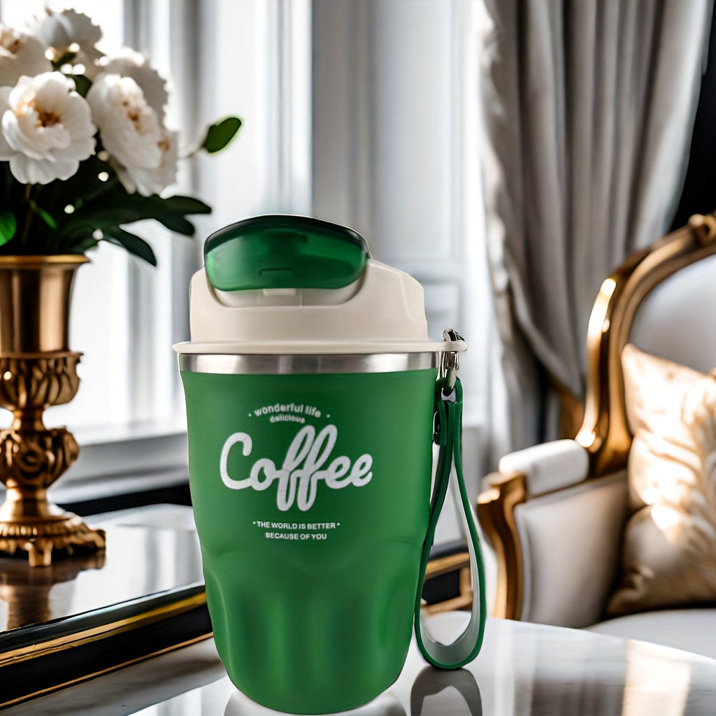 Caneca térmica elegante em aço inoxidável com pega de transporte - Portátil e resistente para aventuras ao ar livre.