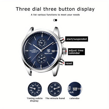 1pc New BENYAR Men's PU Leather Quartz Wristwatch, Men's 100M Multifunctional Watch Military Sports Chronograph Watch For Men