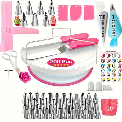 200pcs Cake Decorating Supplies, Cake Decorating Kit For Beginners, Baking Pastry Tools, Numbered Icing Tips With Pattern Chart, Baking Supplies
