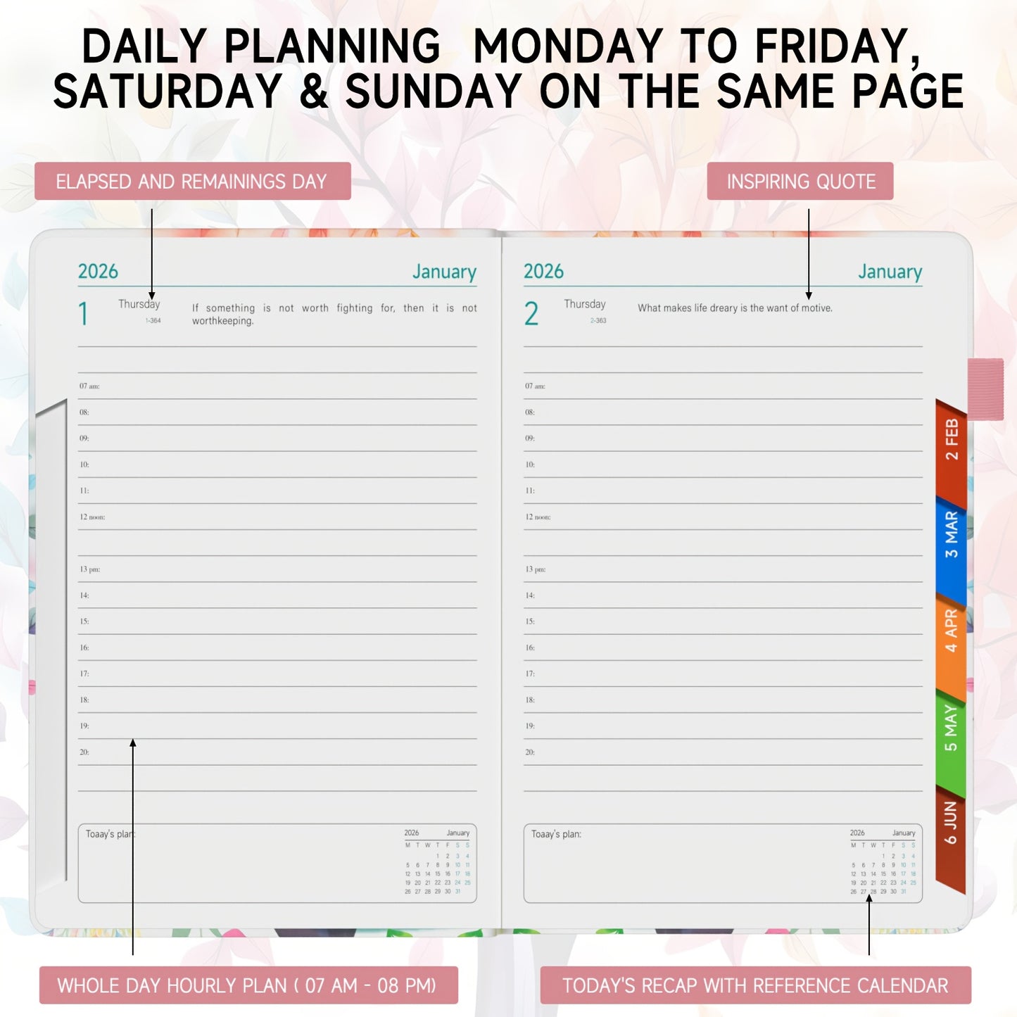 1pc Dzhzal Elegant Floral - Planner with Monthly View, Daily Organizer, Banded Elastic Closure, Pen Loop, Inner Pocket - Compact A5 Notebook (14.48x21.08cm) for Professionals, Students, Personal & Office Use - Perfect Gift Id