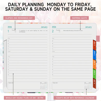 1pc Dzhzal Elegant Floral - Planner with Monthly View, Daily Organizer, Banded Elastic Closure, Pen Loop, Inner Pocket - Compact A5 Notebook (14.48x21.08cm) for Professionals, Students, Personal & Office Use - Perfect Gift Id