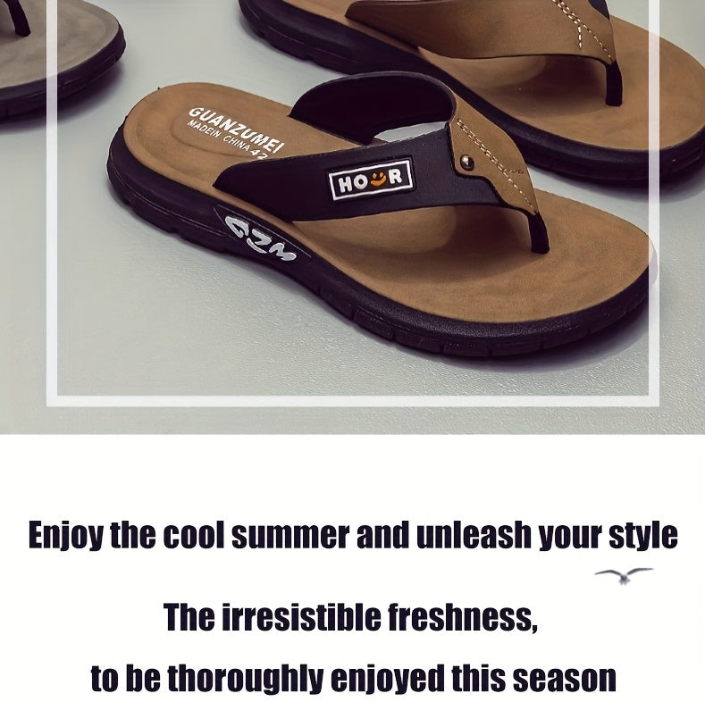 Chinelo de dedo casual de verão para homem - Resistente a odores, antiderrapante, durável, com sola macia e tira ajustável, design castanho e preto para uso diário e ao ar livre, calçado de praia | Chinelo de dedo elegante | Sola em PVC durável, sandália