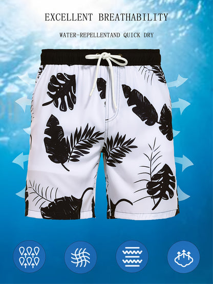 Men's Quick-Dry Beach Shorts with Tropical Palm Tree & Palm Leaf Print - Breathable Stretch Fabric for Summer, Outdoor, Hiking, Swimming - Machine Washable Casual Athletic Shorts, Outdoor Activewear, Summer Shorts