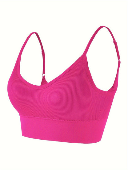 Solid Ribbed Sports Bra, Comfy & Breathable Workout Fitness Intimates Bra, Women's Lingerie & Underwear