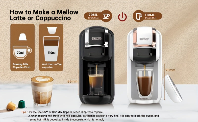 Máquina de café multifuncional em cápsulas CAFELFFE | Máquina de expresso italiana | Uso quente e frio | Aquecimento rápido | Compatível com cápsulas NES, DG e ESEpod | Máquina de café automática para casa e escritório | Ótima opção de presente para D