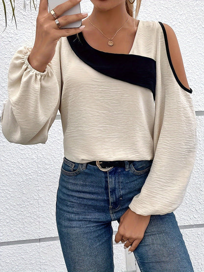 Color Block Cold Shoulder Blouse, Asymmetric Neck Long Sleeve Blouse For Spring & Fall, Women's Clothing