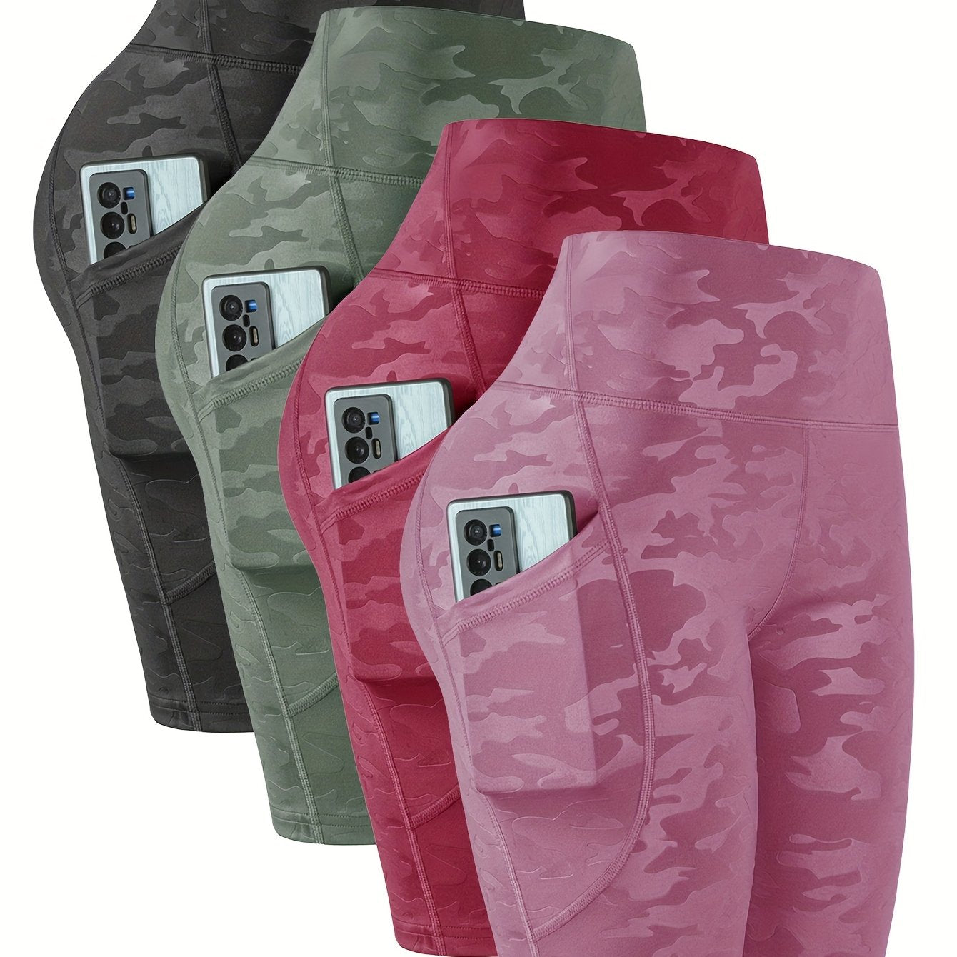 4pcs Women'S High-Waist Camouflage Print Leggings - Stretchy, Breathable Activewear with Pockets for Running, Fitness, Yoga - Spring/Summer/Fall Outdoor Pants, High Waisted Legging