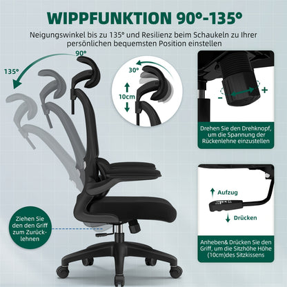 Cadeira de Escritório Ergonómica com Apoio Lombar e Braços Rebatíveis