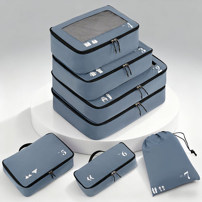 7pcs All-in-One Luggage Organizer Set with Shoe Bag & Laundry Pouch - Heavy-Duty Travel Packing Cubes, Zippered Compartments, Space-Saving Design for Suitcase, Backpack, Business Trip, Vacation, Camping - Machine Washable, Re