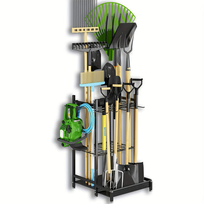 Faridabio Heavy-Duty Metal Garden Tool Organizer with Hooks - Multi-Tiered Utility Storage Rack for Long-Handled Tools, Broom, Shovel, Rake - Sturdy Outdoor Patio Storage Rack, Black (Assembly Required)
