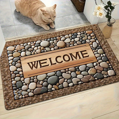 2D Welcome Home Non-Slip Door Mat - Durable, Machine Washable Mat with Stone Pattern & Wood Texture Design - Perfect for Farmhouse Decor, All-Season Use, Polyester Material, Welcoming Entrance Mat | Natural Look Mat | Wooden