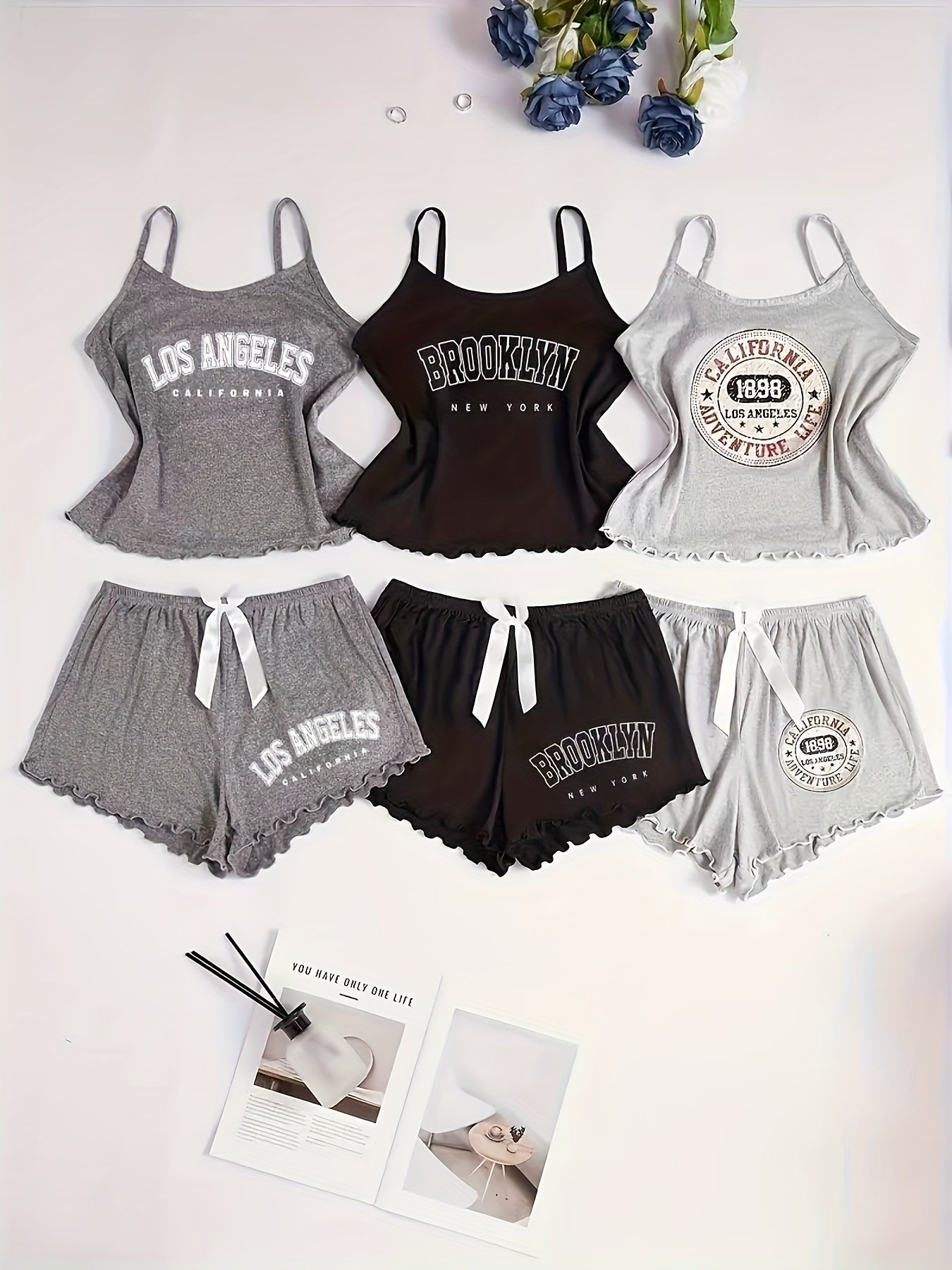 6pcs Women'S Pajama Set with Letter Print & Bow Detail - Soft Spaghetti Strap Sleepwear, All-Season Comfort, 6 Styles (Black/White/Red/Grey/Navy/Beige) for Lounge & Sleepwear, Cozy Loungewear, Casual Sleepwear, Comfortable Fi