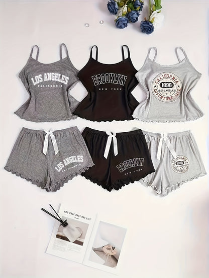 6pcs Women'S Pajama Set with Letter Print & Bow Detail - Soft Spaghetti Strap Sleepwear, All-Season Comfort, 6 Styles (Black/White/Red/Grey/Navy/Beige) for Lounge & Sleepwear, Cozy Loungewear, Casual Sleepwear, Comfortable Fi