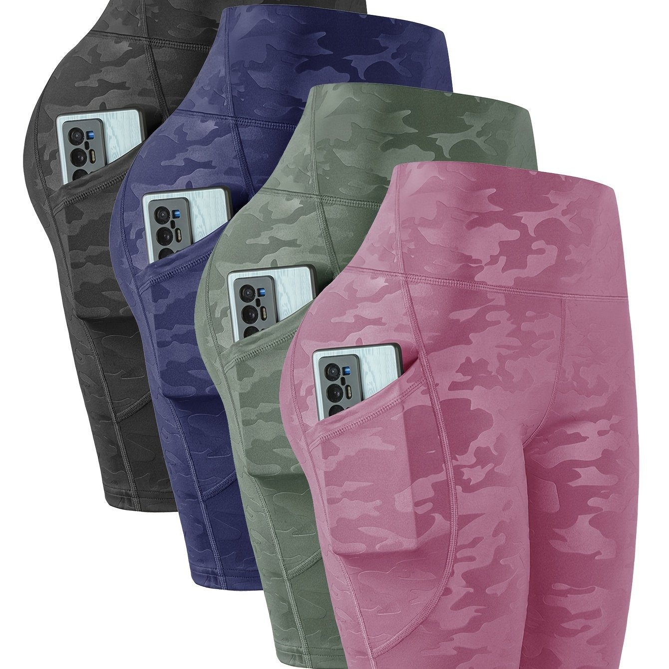 4pcs Women'S High-Waist Camouflage Print Leggings - Stretchy, Breathable Activewear with Pockets for Running, Fitness, Yoga - Spring/Summer/Fall Outdoor Pants, High Waisted Legging