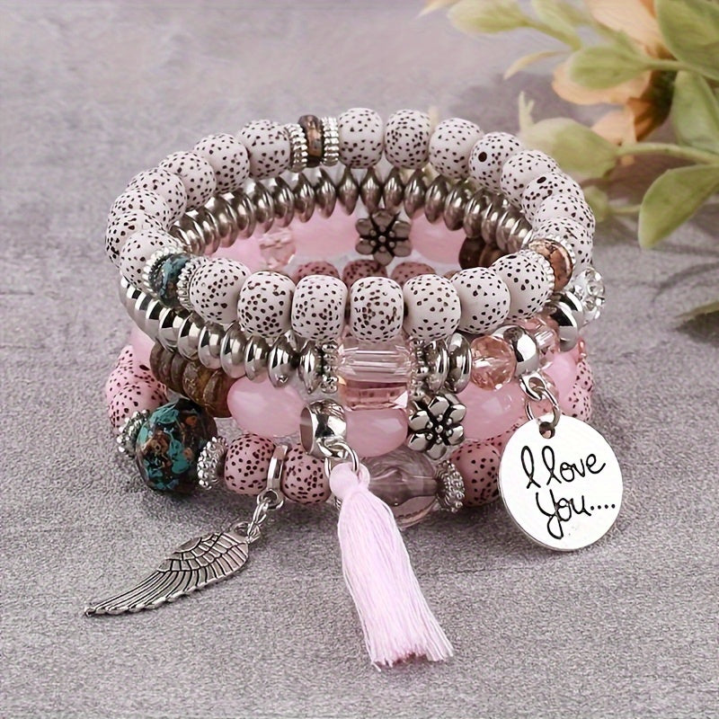 4pcs Bohemian Ethnic Style Winged Tassel Beaded Bracelets, Women's Fashion Jewelry, Versatile for Casual Attire and Perfect Holiday Gift for Girlfriend or Wife!