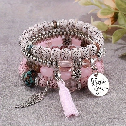 4pcs Bohemian Ethnic Style Winged Tassel Beaded Bracelets, Women's Fashion Jewelry, Versatile for Casual Attire and Perfect Holiday Gift for Girlfriend or Wife!