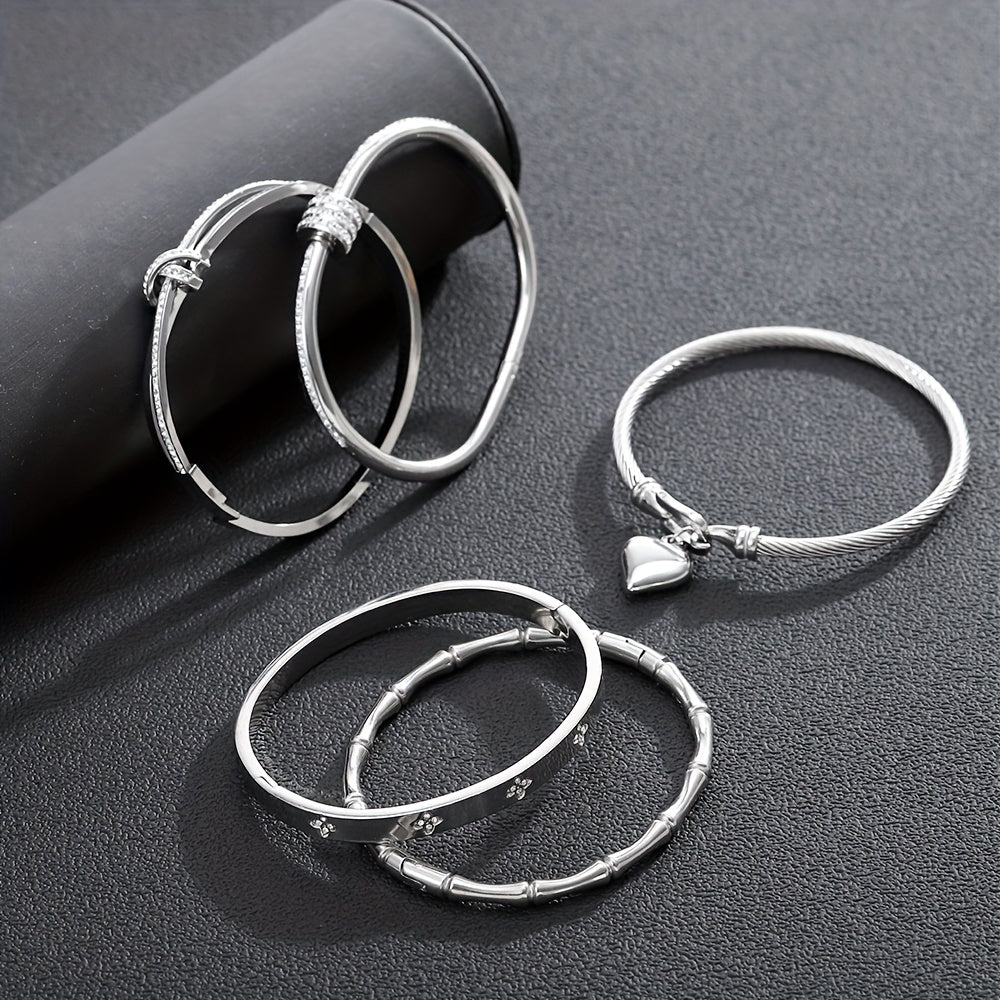 5pcs Classic Stainless Steel Cuff Bracelets, Waterproof and Rust-Resistant Silvery Women'S Light Luxury Rhinestone Bracelets, Suitable for Layering and Combination Matching, Unique Jewelry Accessories Gift