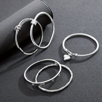 5pcs Classic Stainless Steel Cuff Bracelets, Waterproof and Rust-Resistant Silvery Women'S Light Luxury Rhinestone Bracelets, Suitable for Layering and Combination Matching, Unique Jewelry Accessories Gift