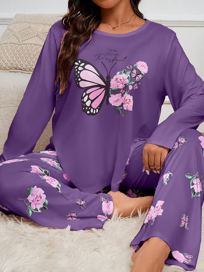 Adult Butterfly Print Pajama Set - Casual Spring/Fall Polyester Knit Fabric, Elasticity, Long Sleeve Pants, Home Pajama Set for Adults