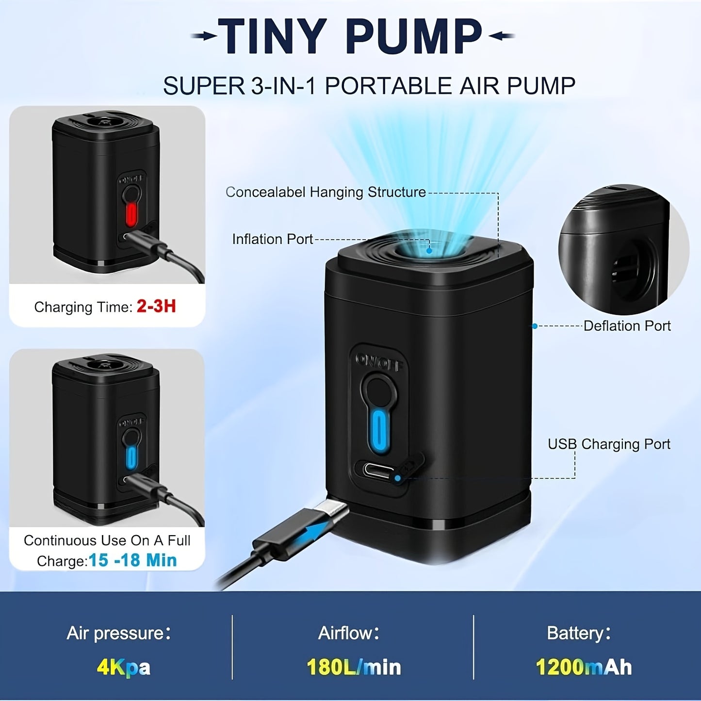 Outdoor Camping Electric Inflatable Pump, Portable Air Pump for Vacuum Compression Bags, Inflatable Sofa, Air Mattress, Boat, Swimming Ring Mini Quick Charge Black Version, USB Rechargeable Battery with 5 Nozzles., 30W