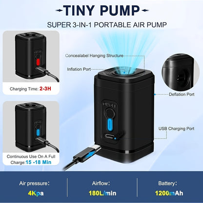 Outdoor Camping Electric Inflatable Pump, Portable Air Pump for Vacuum Compression Bags, Inflatable Sofa, Air Mattress, Boat, Swimming Ring Mini Quick Charge Black Version, USB Rechargeable Battery with 5 Nozzles., 30W