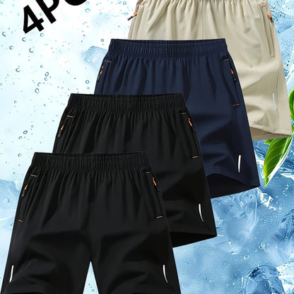 Conjunto de 4 calções desportivos para homem com riscas refletoras - Calções respiráveis ​​de secagem rápida para treinos de verão com bolsos, bege, azul marinho e preto. Calções para ténis e ginásio, design desportivo, tecido de secagem rápida.