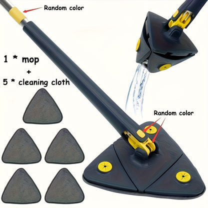6pcs Triangle Wet and Dry Mop Set with 5 Microfiber Pads, 360° Rotating Stainless Steel Handle, Multi-Functional for Bathroom, Kitchen, Living Room - Ideal for Bathtub, Tile, Wall, and Glass Cleaning