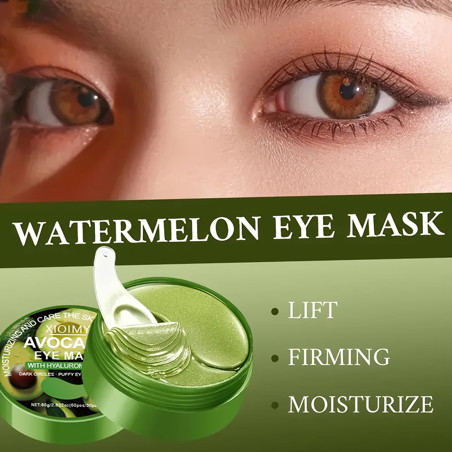 60pcs Avocado & Hyaluronic Acid Eye Masks - Intense Hydration & Brightening, Puffiness Reduction, Dark Circles & Wrinkles, Hypoallergenic for All Light Beige Types, Unisex Skincare, Avocado Eye Mask, Sleek Packaging, Natural