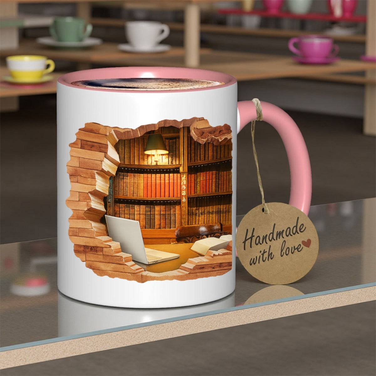 1pc 11oz 3D Magic Color-Changing Book-Themed Ceramic Mug - Reusable Coffee & Tea Cup with Bookshelf & Open Book Design, uthor Logo Slot, Hand Wash Only - Gift for Readers, Writers, Librarians (Birthday/Christmas/Halloween), C