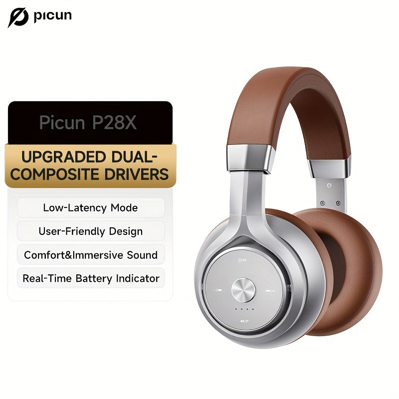 Picun Over-Ear Wireless Headphones, Wireless 5.3 with Low Latency Mode, Dual Composite Drivers for Hi-Fi Sound, 60H Playtime & Real-Time Battery Display, Wired/Wireless Dual Mode, Adjustable Head