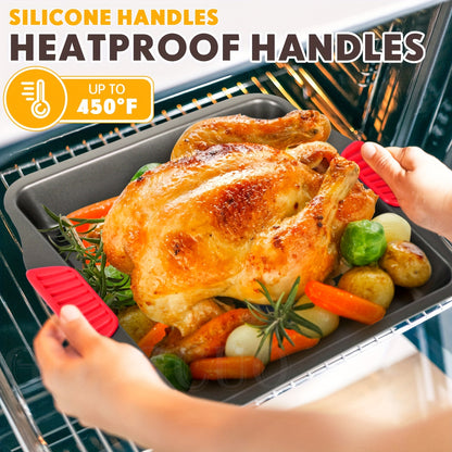 2pcs Set Non-Stick Baking Pan Set - Carbon Steel Baking Pan Set with Heat Resistant Red Silicone Handle, Oven Safe up to 450F (232.2C) Square Frying Pan, Cookie Sheet, Baking Pan, Black