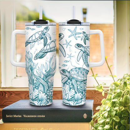 1pc Sea Turtle Tumbler 40oz Tumbler with Handle, Stainless Steel Turtle Water Bottle Travel Mug Coffee Wine Cups Sea Turtle Tumblers for Sea Turtle Lovers Gifts for Women