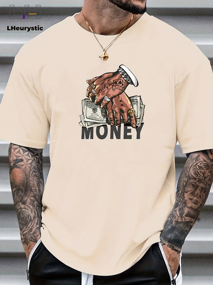 Cartoon Money & Hands Print, Men's Graphic Design Crew Neck Niche T-shirt, Casual Comfy Tees Tshirts For Summer, Men's Clothing Tops For Daily Vacation Resorts