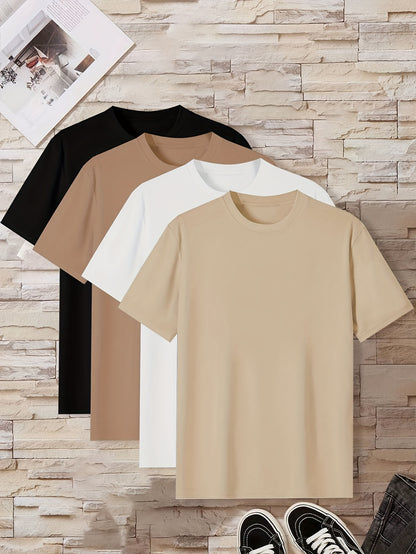 Conjunto de 4 t-shirts casuais para homem de cor sólida, estilo simples, manga curta e gola redonda, ideais para usar em casa, como pijama ou para atividades ao ar livre no verão.