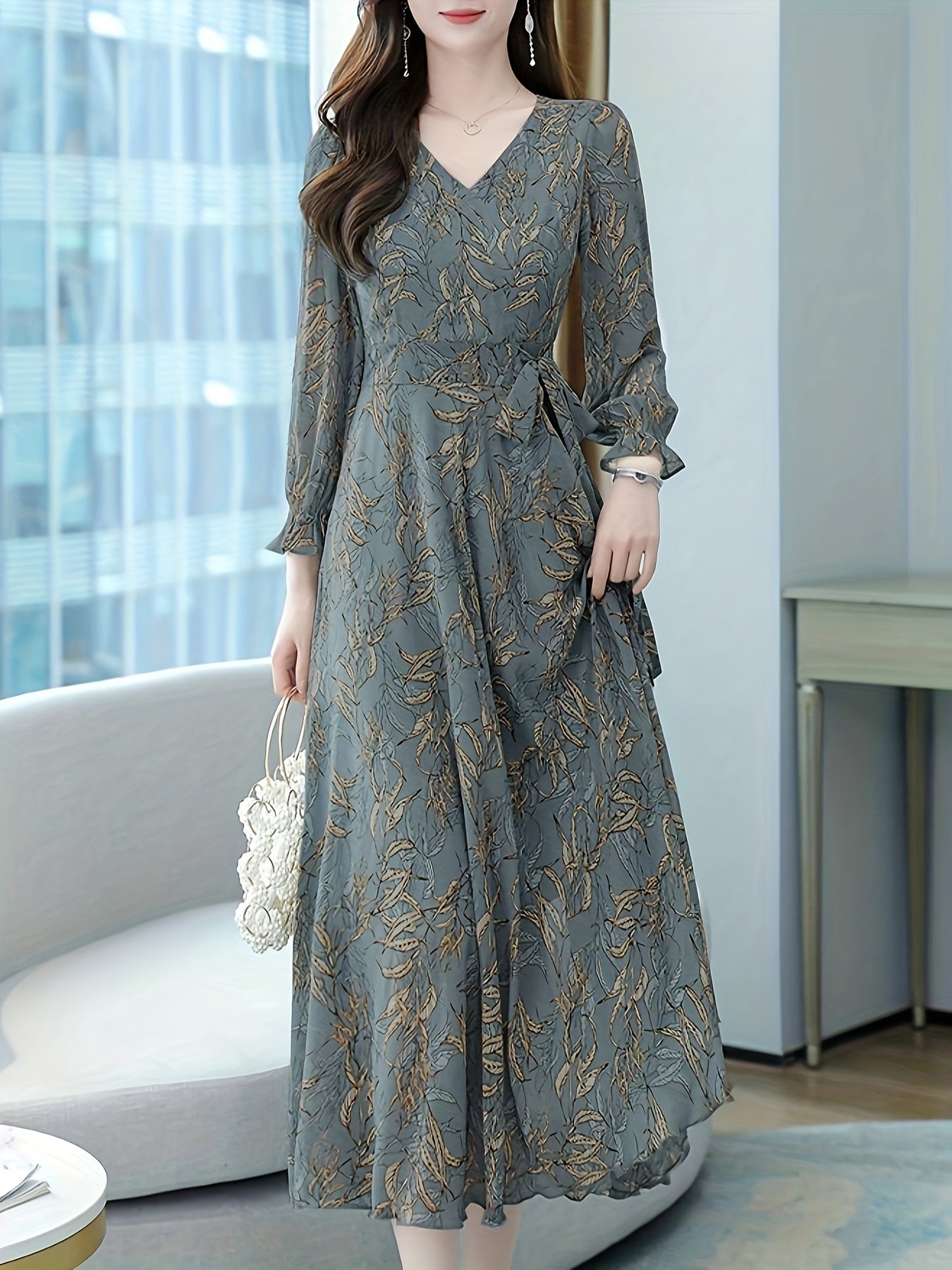 Printed waist-cinching dress, long-sleeve dress, spring and autumn Women's clothing, fashionable and trendy, casual and commuting, comfortable fabric, elegant and noble, suitable for both formal and informal occasions, also w
