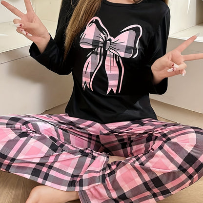 Autumn and Winter Women's Cartoon Plaid Bow Print Long Sleeve Top and Pants Casual Pajama Set, Loungewear Set, Bedtime Outfit, Playful Pajamas, Cute Sleepwear, Comfortable Fit, Soft Fabric, Matching Pajamas, Twopiece Set, Coz