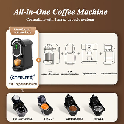 Cafeteira de cápsulas CAFELFFE 4 em 1, máquina de café automática com extração quente e fria, painel LCD visual, ajuste de água em 7 níveis. Compatível com cápsulas DG/Nes Original/café moído/ese, 19 bar. Ideal para casa/escritório.